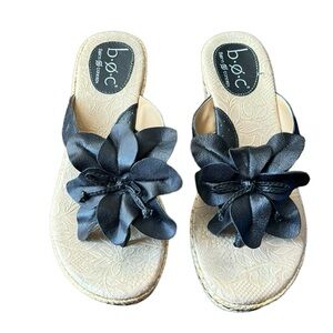 BOC Born Concept Wedge Thong Sandals Black Leather 3D Flowers Size…